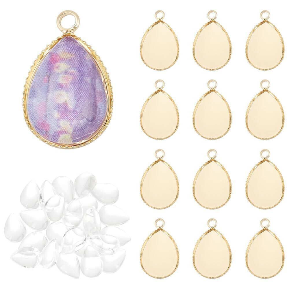 9958 24PCS 14k Gold Plated Bezel Pendant Trays Set, Blank Teardrop Brass